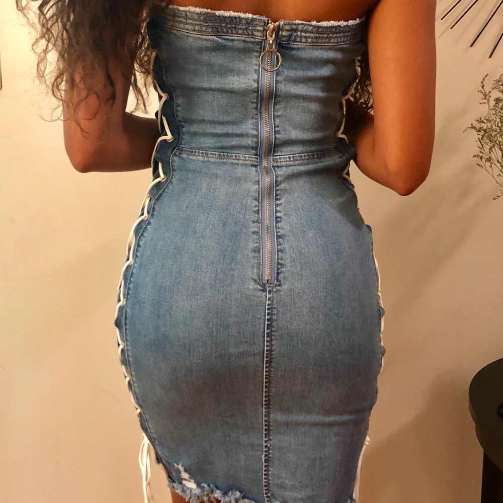 blue denim lace up side sleeveless denim dress